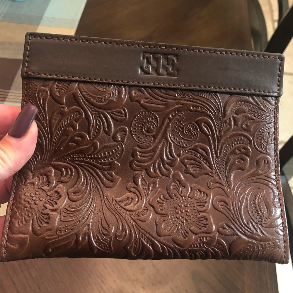 One of a kind embossed brown clutch